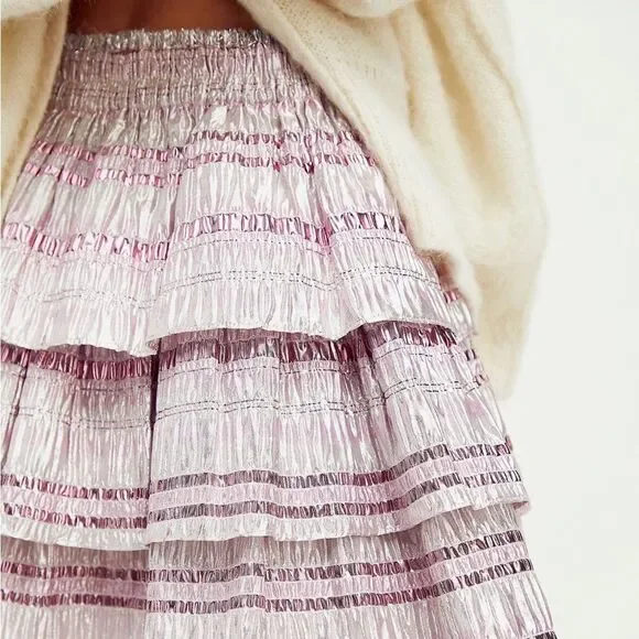 LoveShackFancy Party Midi Skirt Silver and Pink Metallic Layered Maxi Size 0 - Picture 2 of 9